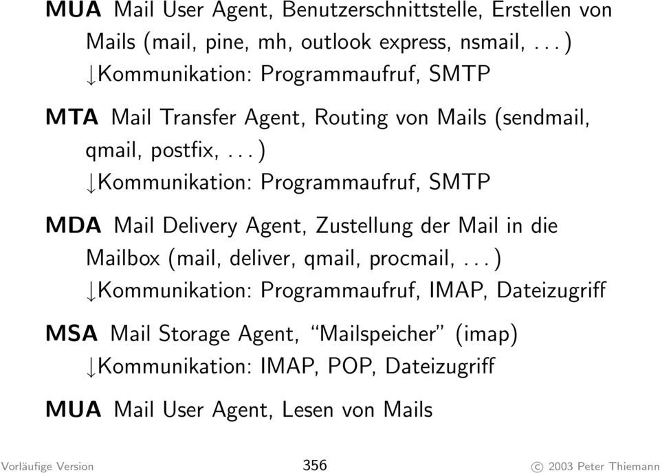 .. ) Kommunikation: Programmaufruf, SMTP MDA Mail Delivery Agent, Zustellung der Mail in die Mailbox (mail, deliver, qmail, procmail,.