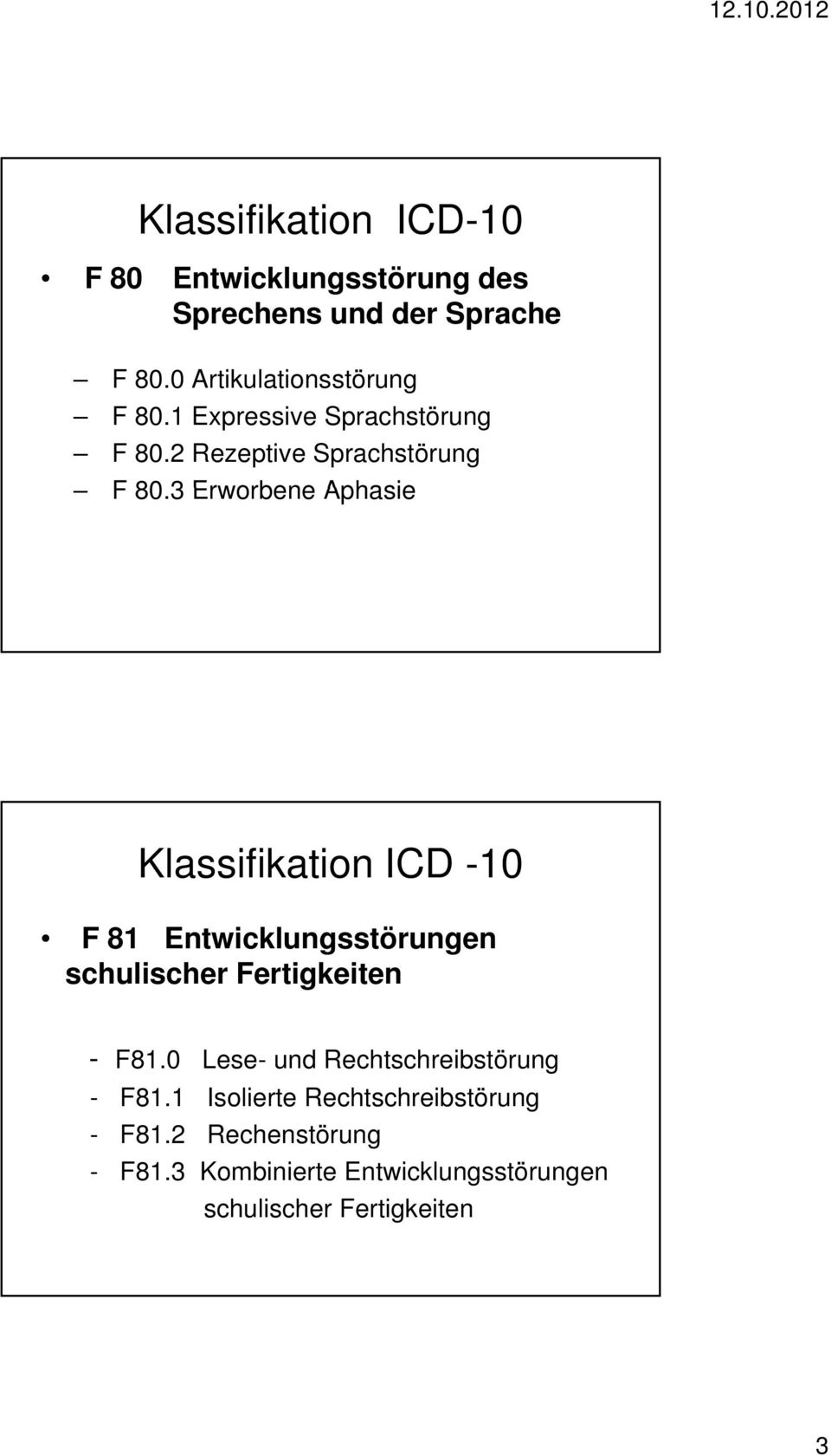 3 Erworbene Aphasie Klassifikation ICD -10 F 81 Entwicklungsstörungen schulischer h Fertigkeiten it - F81.
