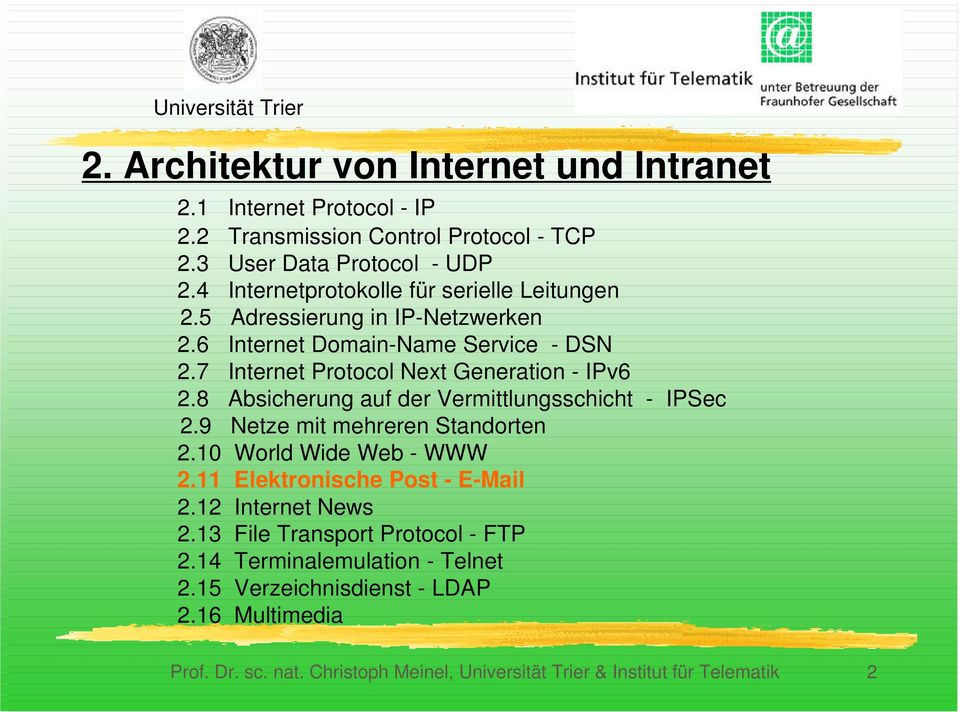 8 Absicherung auf der Vermittlungsschicht - IPSec 2.9 Netze mit mehreren Standorten 2.10 World Wide Web - WWW 2.11 Elektronische Post - E-Mail 2.12 Internet News 2.