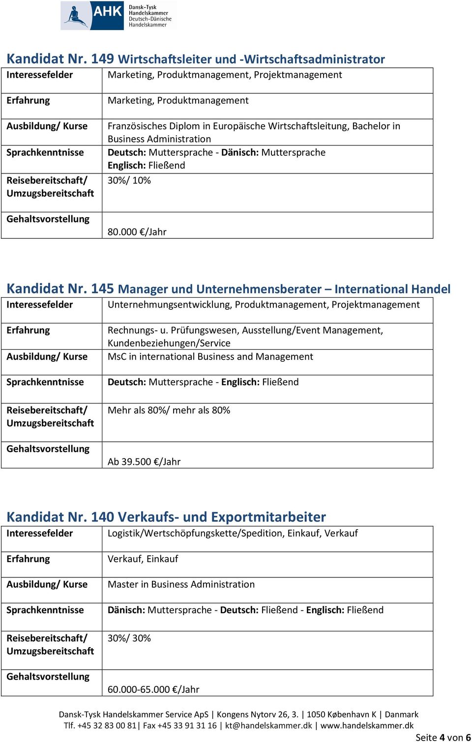 Wirtschaftsleitung, Bachelor in Business Administration Deutsch: Muttersprache - Dänisch: Muttersprache Englisch: Fließend 30%/ 10% 80.