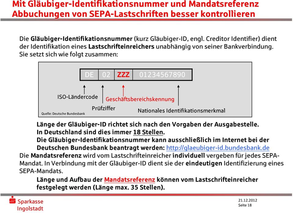 Sie setzt sich wie folgt zusammen: DE 02 ZZZ 01234567890 ISO-Ländercode Quelle: Deutsche Bundesbank Prüfziffer Geschäftsbereichskennung Nationales Identifikationsmerkmal Länge der Gläubiger-ID