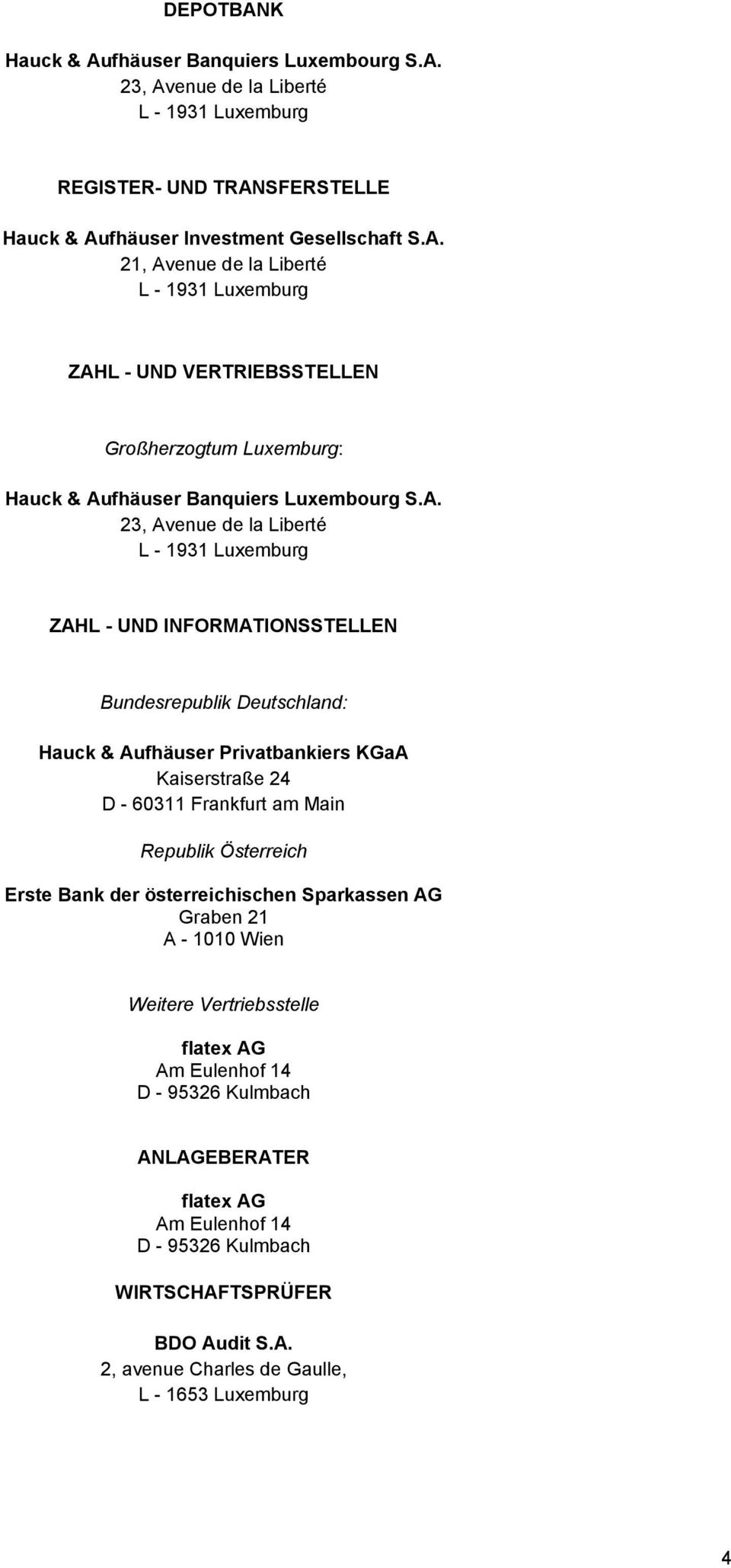 Österreich Erste Bank der österreichischen Sparkassen AG Graben 21 A - 1010 Wien Weitere Vertriebsstelle flatex AG Am Eulenhof 14 D - 95326 Kulmbach ANLAGEBERATER flatex AG Am Eulenhof 14 D - 95326
