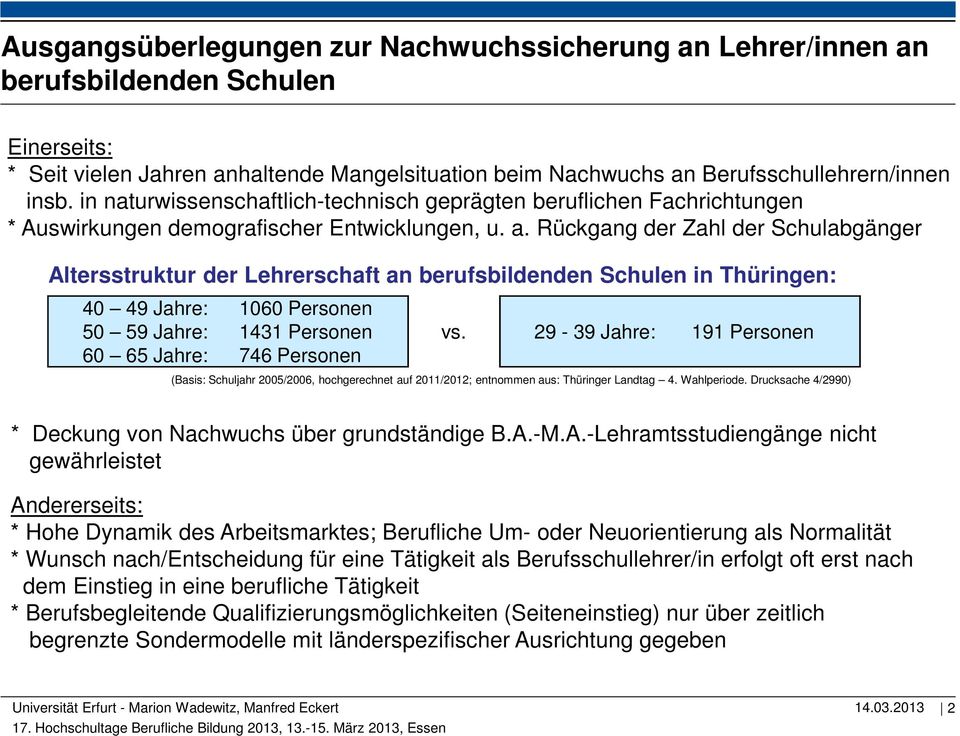 Rückgang der Zahl der Schulabgänger Altersstruktur der Lehrerschaft an berufsbildenden Schulen in Thüringen: 40 49 Jahre: 1060 Personen 50 59 Jahre: 1431 Personen vs.