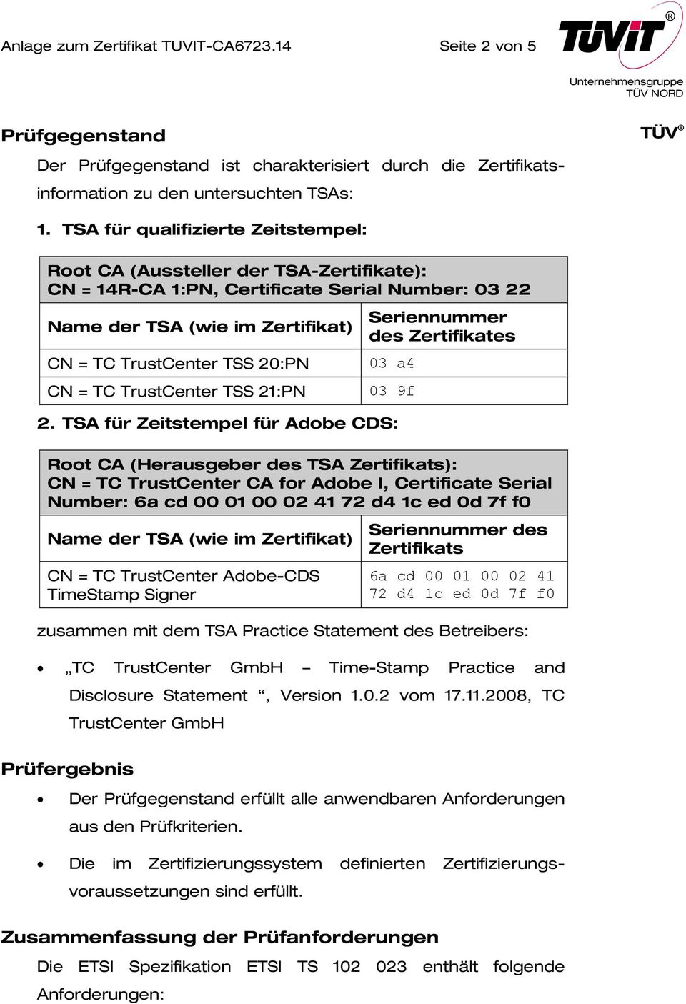 TrustCenter TSS 21:PN Seriennummer des Zertifikates 03 a4 03 9f 2.