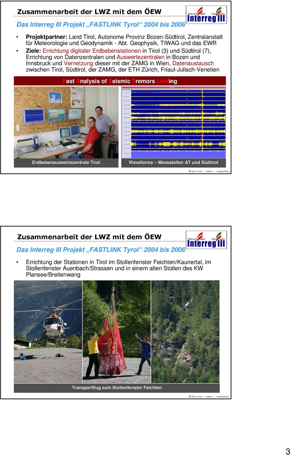 Vernetzung dieser mit der ZAMG in Wien, Datenaustausch zwischen Tirol, Südtirol, der ZAMG, der ETH Zürich, Friaul-Julisch-Venetien Fast Analysis of Seismic Tremors Linking Erdbebenauswertezentrale