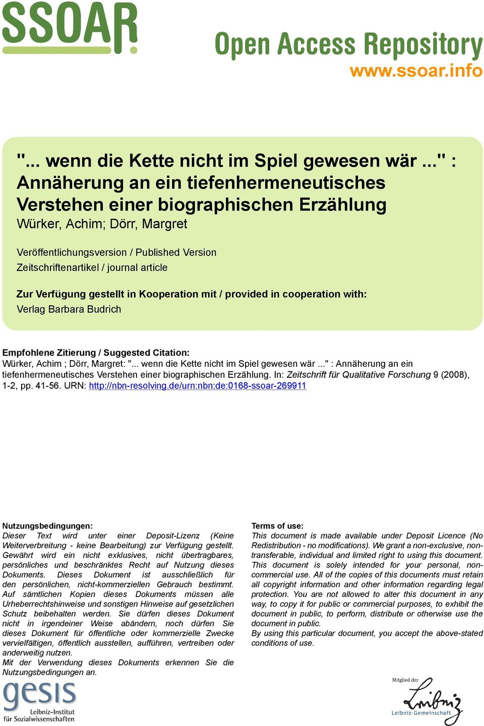 Zur Verfügung gestellt in Kooperation mit / provided in cooperation with: Verlag Barbara Budrich Empfohlene Zitierung / Suggested Citation: Würker, Achim ; Dörr, Margret: ".