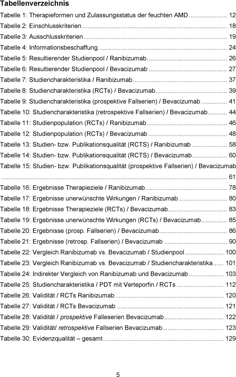 .. 37 Tabelle 8: Studiencharakteristika (RCTs) / Bevacizumab... 39 Tabelle 9: Studiencharakteristika (prospektive Fallserien) / Bevacizumab.