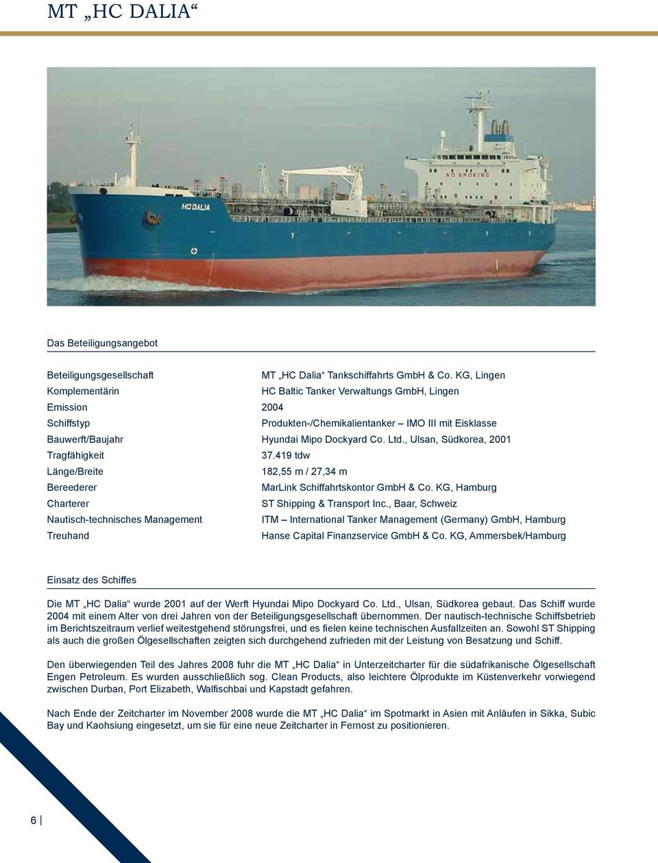 , Ulsan, Südkorea, 2001 Tragfähigkeit 37.419 tdw Länge/Breite 182,55 m / 27,34 m Bereederer MarLink Schiffahrtskontor GmbH & Co. KG, Hamburg Charterer ST Shipping & Transport Inc.