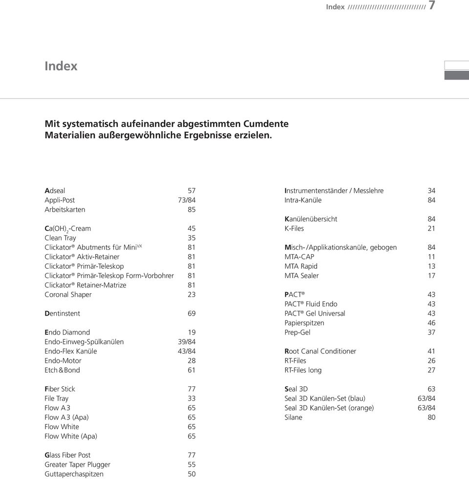 Retainer-Matrize Coronal Shaper Dentinstent Endo Diamond Endo-Einweg-Spülkanülen Endo-Flex Kanüle Endo-Motor Etch & Bond 57 73/84 85 45 35 81 81 81 81 81 23 69 19 39/84 43/84 28 61