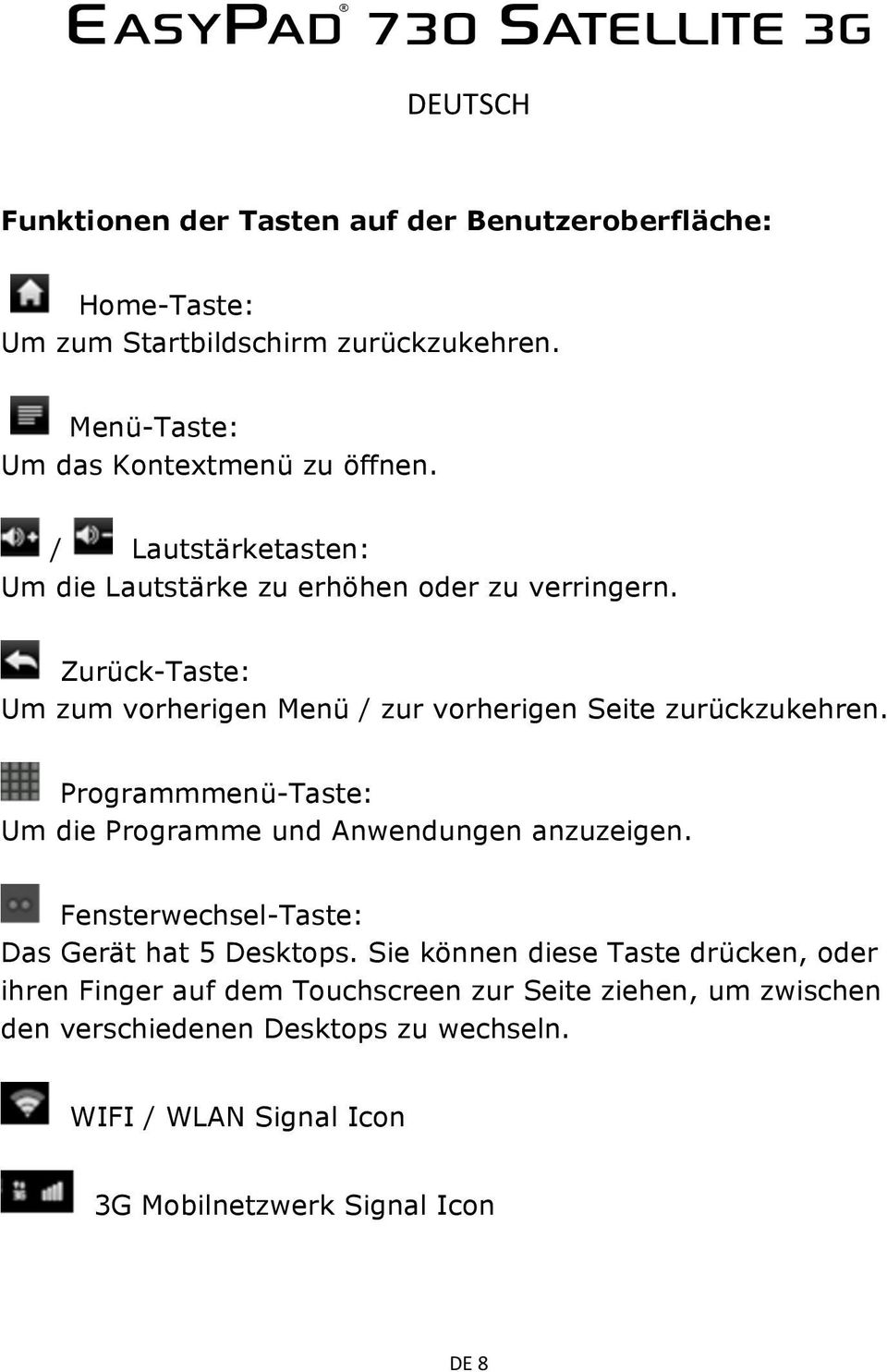 Programmmenü-Taste: Um die Programme und Anwendungen anzuzeigen. Fensterwechsel-Taste: Das Gerät hat 5 Desktops.