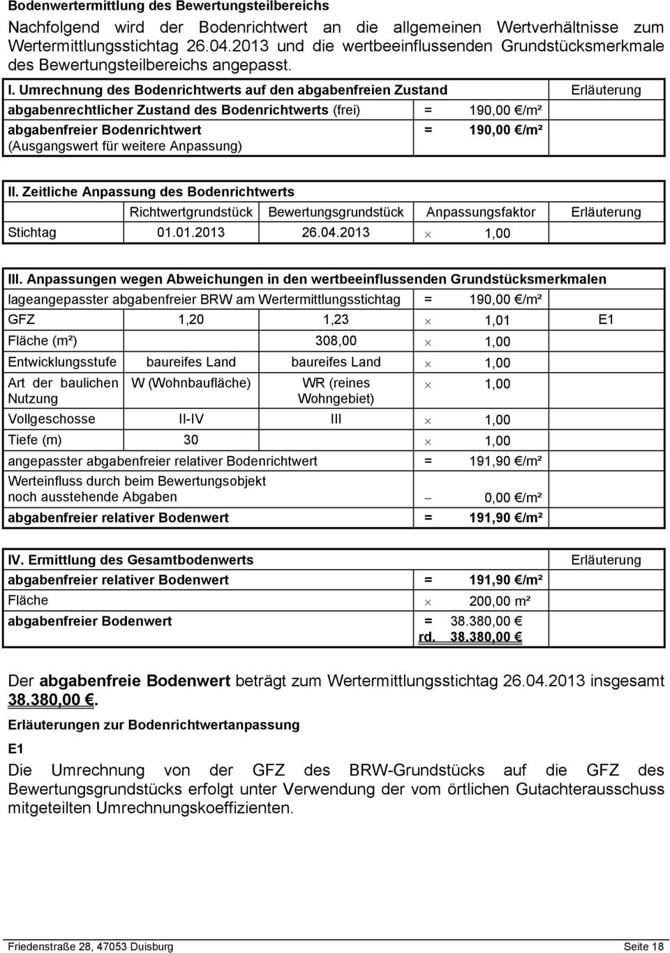 Umrechnung des Bodenrichtwerts auf den abgabenfreien Zustand Erläuterung abgabenrechtlicher Zustand des Bodenrichtwerts (frei) = 190,00 /m² abgabenfreier Bodenrichtwert (Ausgangswert für weitere