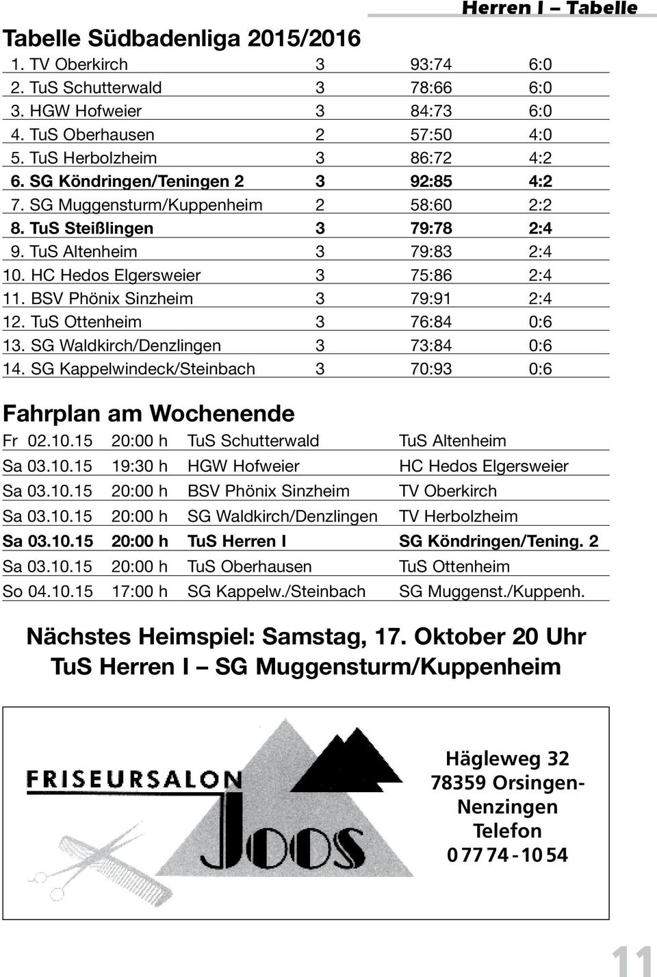 BSV Phönix Sinzheim 3 79:91 2:4 12. TuS Ottenheim 3 76:84 0:6 13. SG Waldkirch/Denzlingen 3 73:84 0:6 14. SG Kappelwindeck/Steinbach 3 70:93 0:6 Fahrplan am Wochenende Fr 02.10.