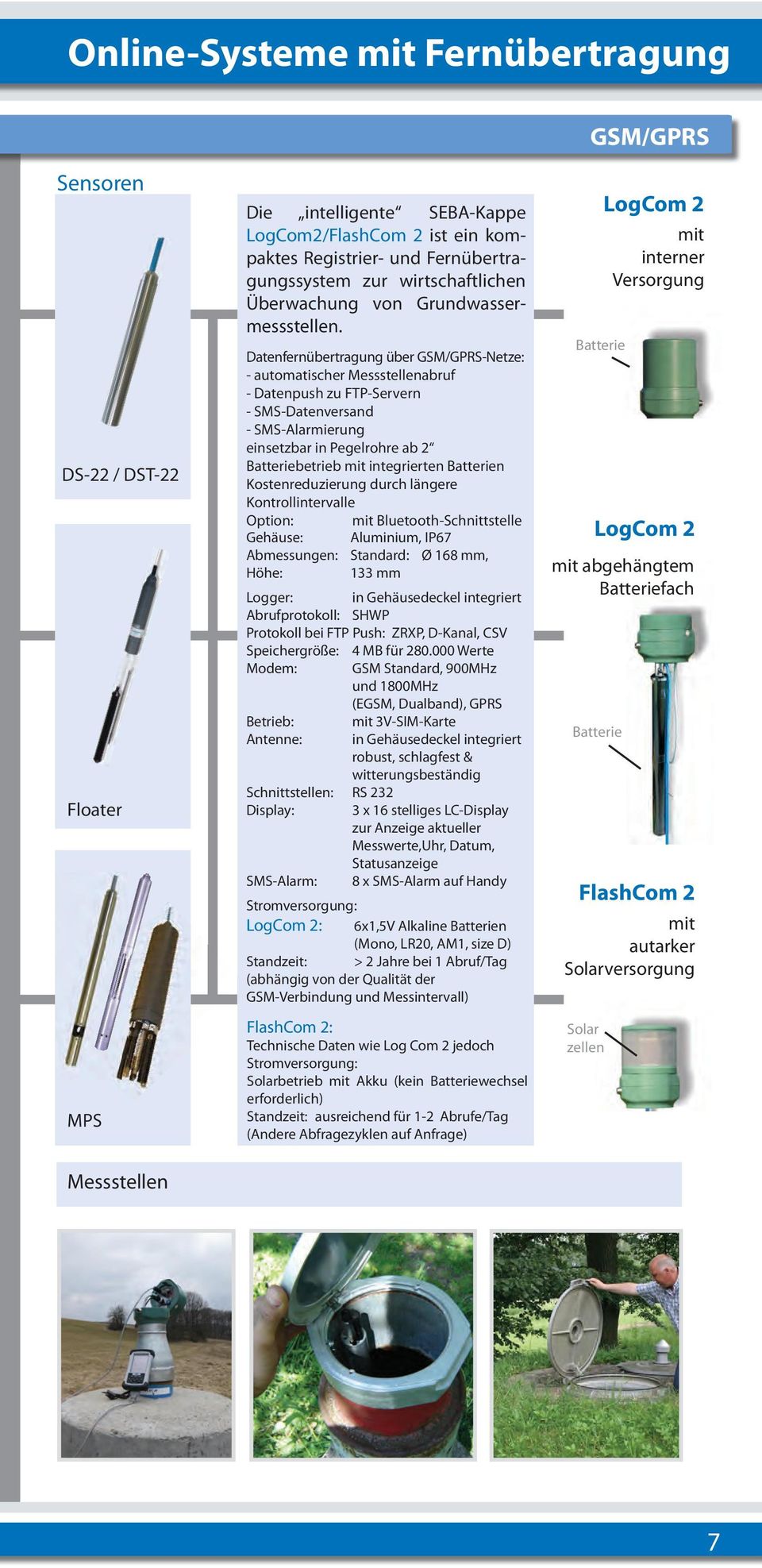 Datenfernübertragung über GSM/GPRS-Netze: - automatischer Messstellenabruf - Datenpush zu FTP-Servern - SMS-Datenversand - SMS-Alarmierung einsetzbar in Pegelrohre ab 2 Batteriebetrieb mit