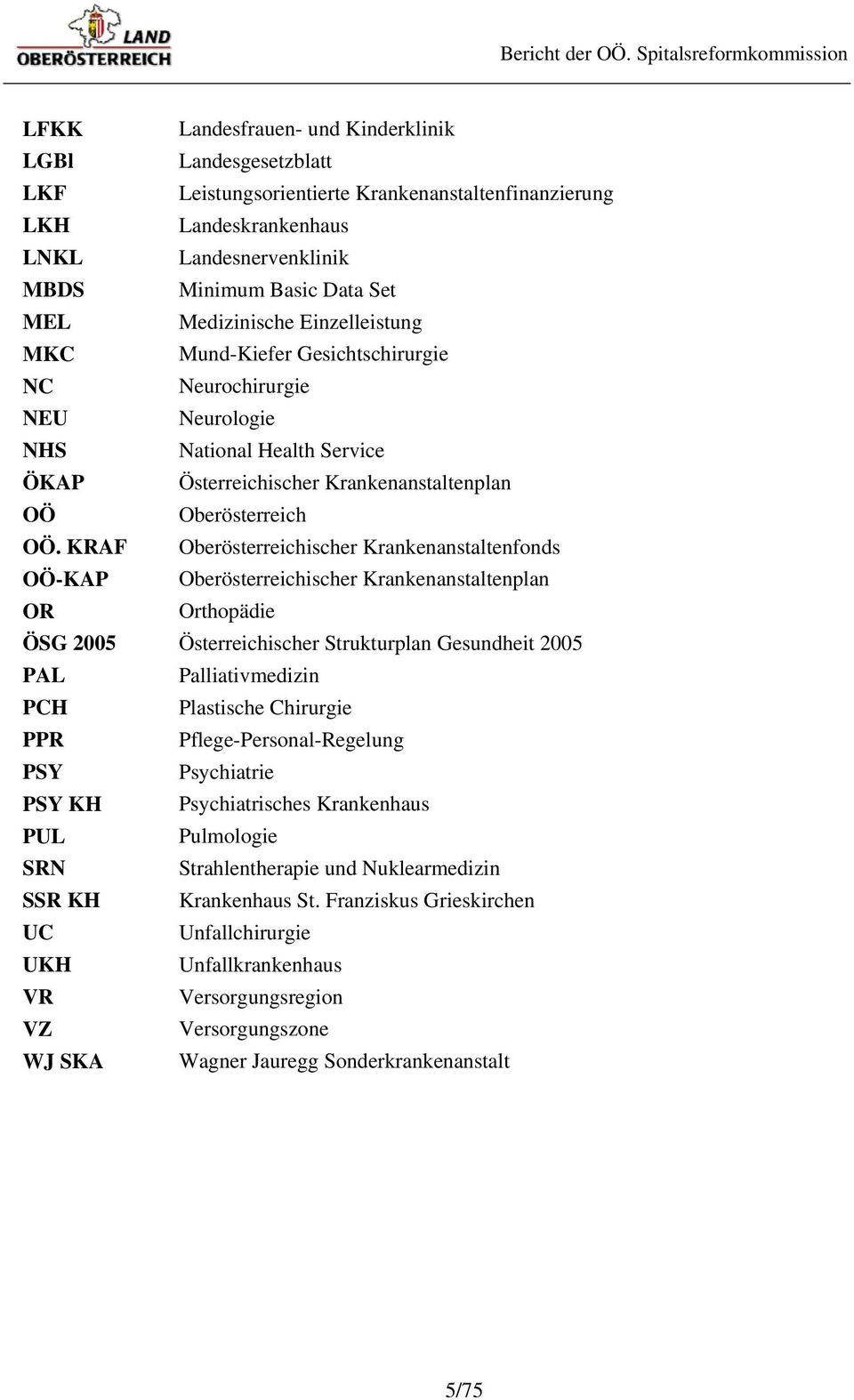 KRAF Oberösterreichischer Krankenanstaltenfonds OÖ-KAP Oberösterreichischer Krankenanstaltenplan OR Orthopädie ÖSG 2005 Österreichischer Strukturplan Gesundheit 2005 PAL Palliativmedizin PCH