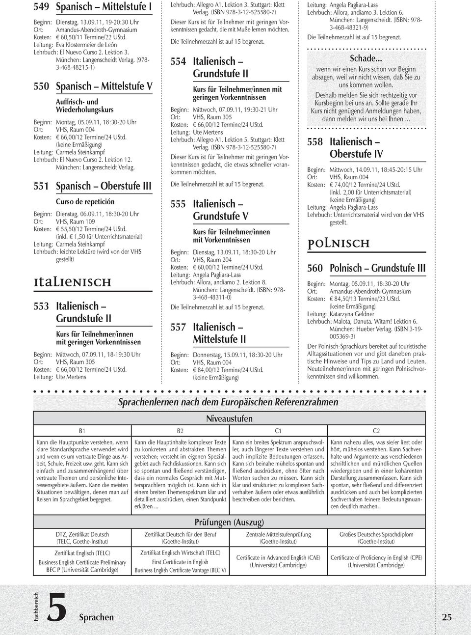 551 Spanisch Oberstufe III Curso de repetición Beginn: Dienstag, 06.09.11, 18:30-20 Uhr Ort: VHS, Raum 109 Kosten: 55,50/12 Termine/24 UStd.