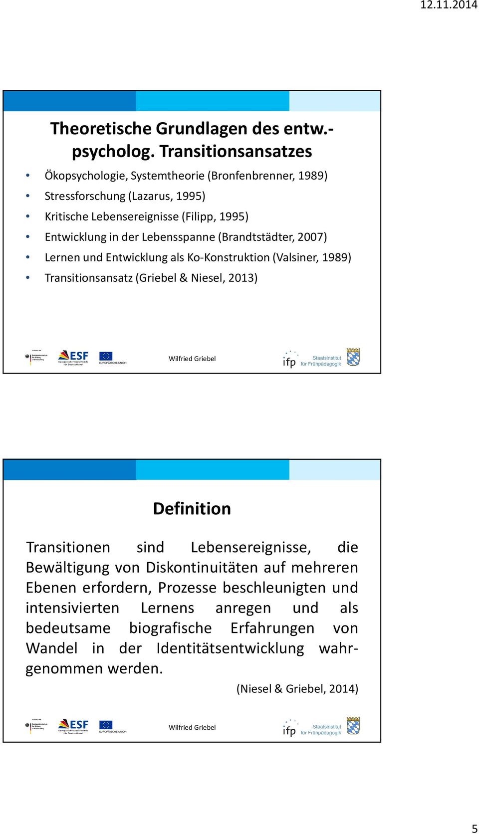 Lebensspanne (Brandtstädter, 2007) Lernen und Entwicklung als Ko-Konstruktion (Valsiner, 1989) Transitionsansatz (Griebel & Niesel, 2013) Wilfried Griebel Definition