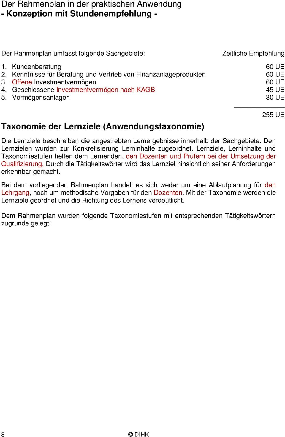 Vermögensanlagen 30 UE 55 UE Taxonomie der Lernziele (Anwendungstaxonomie) Die Lernziele beschreiben die angestrebten Lernergebnisse innerhalb der e.