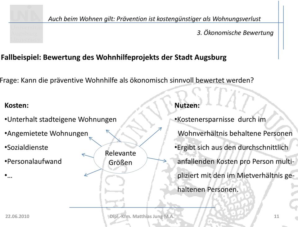 Kosten: Unterhalt stadteigene Wohnungen Angemietete Wohnungen Sozialdienste Personalaufwand Relevante Größen Nutzen: