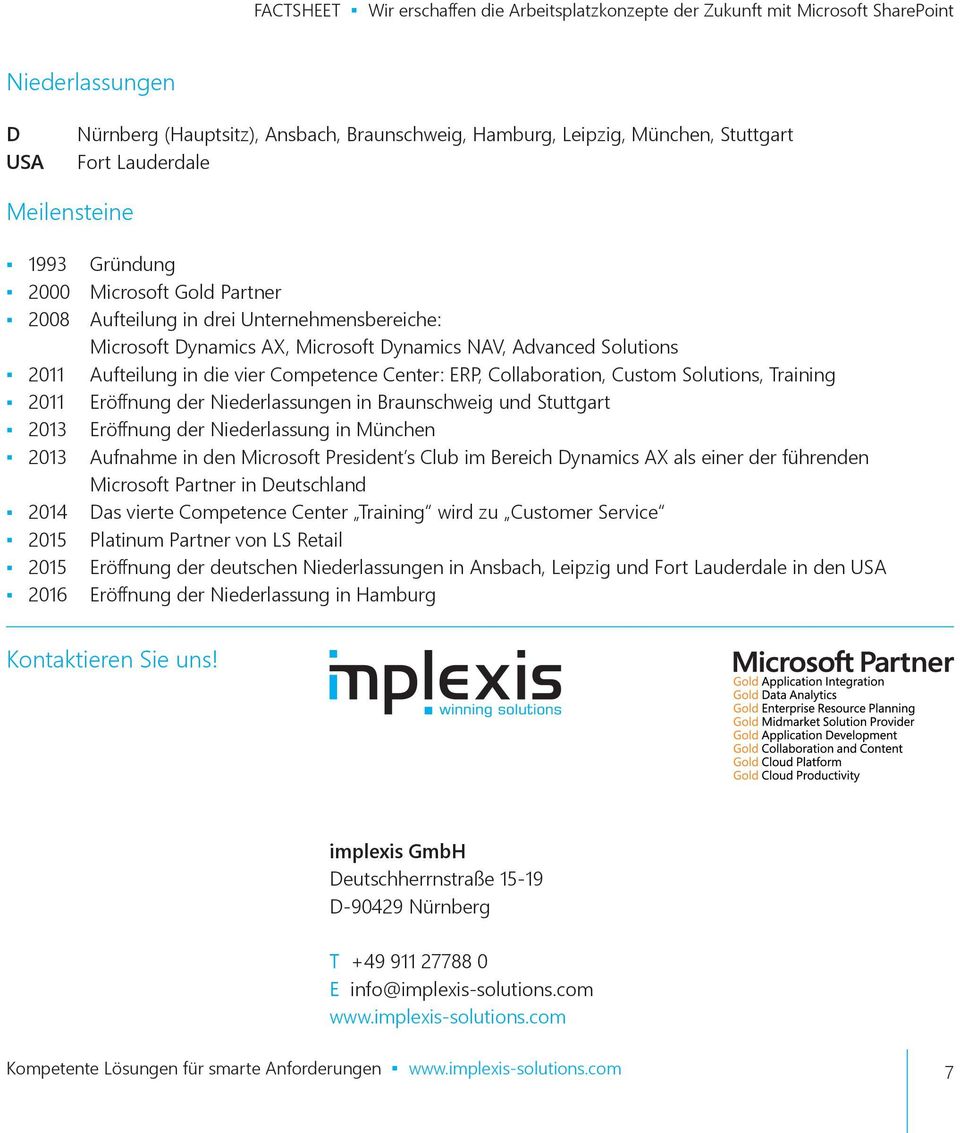 der Niederlassungen in Braunschweig und Stuttgart 2013 Eröffnung der Niederlassung in München 2013 Aufnahme in den Microsoft President s Club im Bereich Dynamics AX als einer der führenden Microsoft