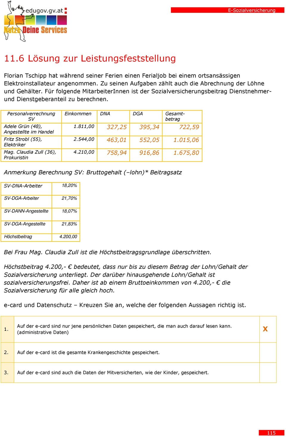 Personalverrechnung SV Adele Grün (48), Angestellte im Handel Fritz Strobl (55), Elektriker Mag. Claudia Zull (36), Prokuristin Einkommen DNA DGA Gesamtbetrag 1.811,00 327,25 395,34 722,59 2.