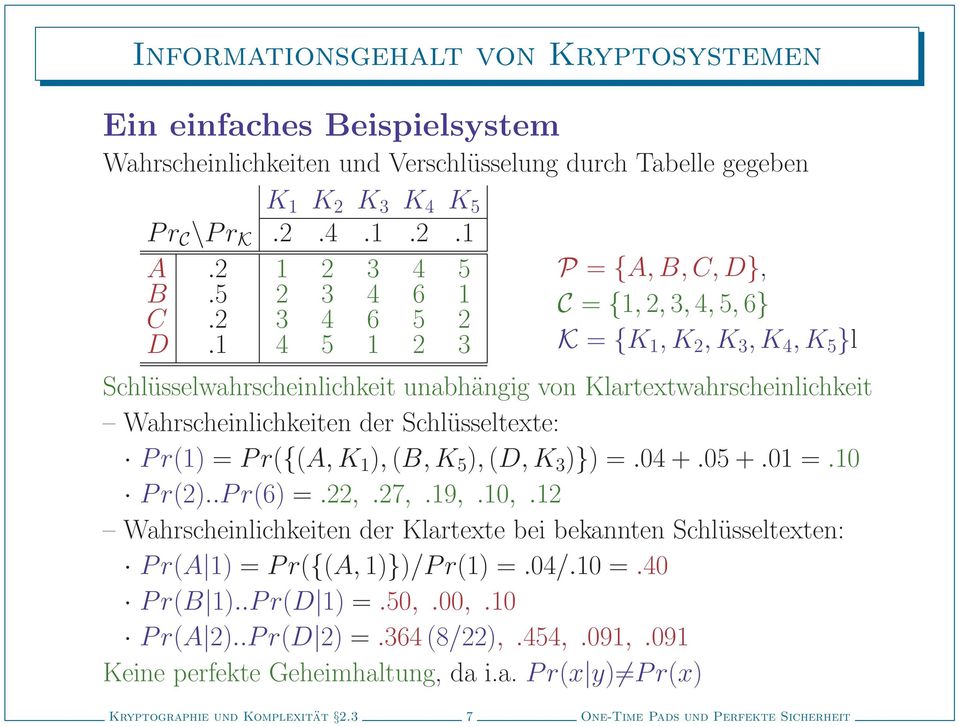1 4 5 1 2 3 P = {A, B,C,D}, C = {1, 2, 3, 4, 5, 6} K = {K 1,K 2, K 3,K 4,K 5 }l Schlüsselwahrscheinlichkeit unabhängig von Klartextwahrscheinlichkeit Wahrscheinlichkeiten der Schlüsseltexte: Pr(1) =