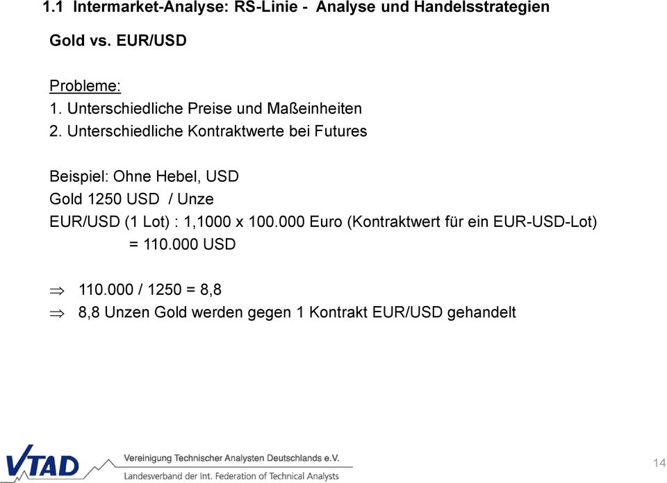 Unterschiedliche Kontraktwerte bei Futures Beispiel: Ohne Hebel, USD Gold 1250 USD / Unze EUR/USD