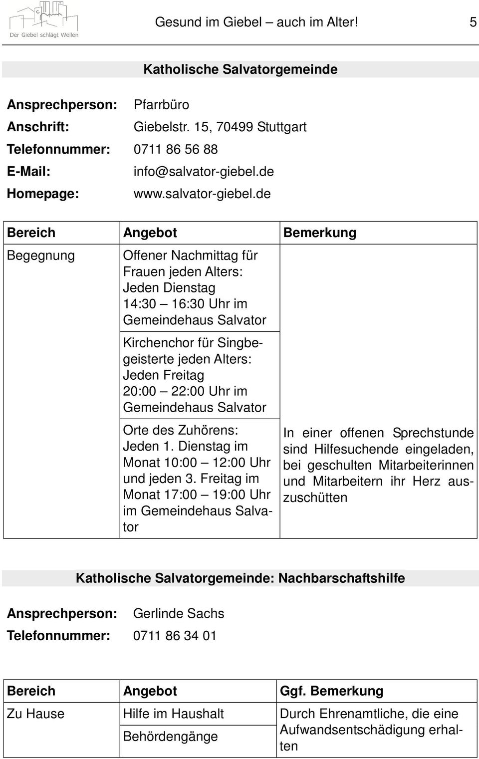 de Begegnung Offener Nachmittag für Frauen jeden Alters: Jeden Dienstag 14:30 16:30 Uhr im Gemeindehaus Salvator Kirchenchor für Singbegeisterte jeden Alters: Jeden Freitag 20:00 22:00 Uhr im