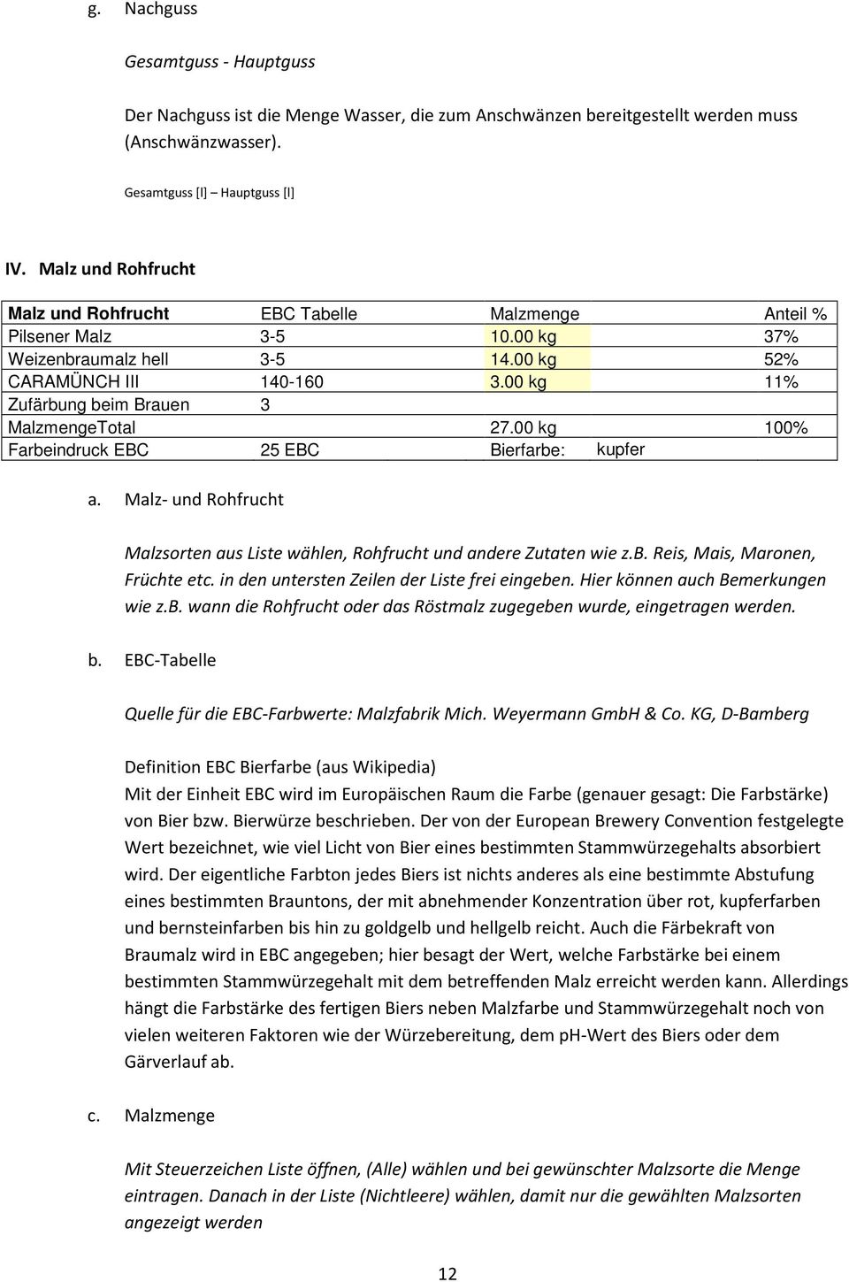 00 kg 11% Zufärbung beim Brauen 3 3 EBC MalzmengeTotal 23 EBC 27.00 kg 100% Farbeindruck EBC 25 EBC Bierfarbe: kupfer a.