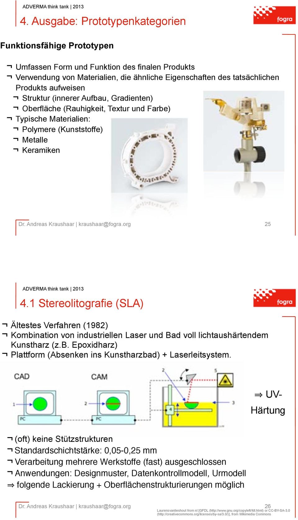 1 Stereolitografie (SLA) Ältestes Verfahren (1982) Kombination von industriellen Laser und Bad voll lichtaushärtendem Kunstharz (z.b. Epoxidharz) Plattform (Absenken ins Kunstharzbad) + Laserleitsystem.