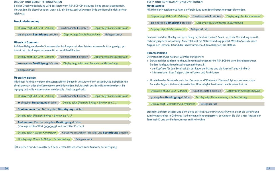 70 eingeben Bestätigung drücken Display zeigt Netzdiagnose in Bearbeitung Display zeigt Netzbetrieb bereit Belegausdruck 20 eingeben Bestätigung drücken Display zeigt Druckwiederholung Belegausdruck