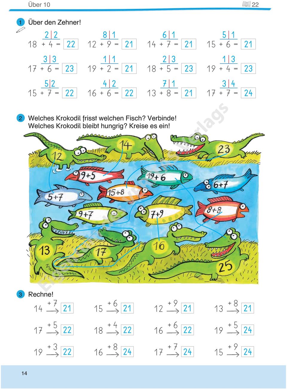 = 7 + 8 = 7 + 7 = Welches Krokodil frisst welchen Fisch? Verbinde!