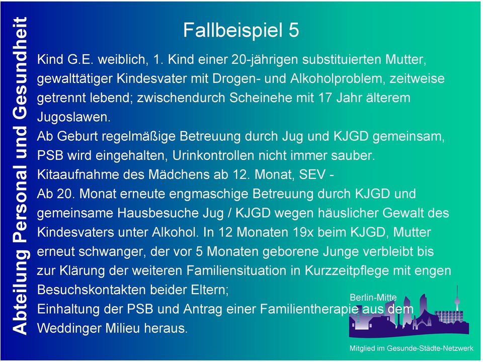 Ab Geburt regelmäßige Betreuung durch Jug und KJGD gemeinsam, PSB wird eingehalten, Urinkontrollen nicht immer sauber. Kitaaufnahme des Mädchens ab 12. Monat, SEV - Ab 20.