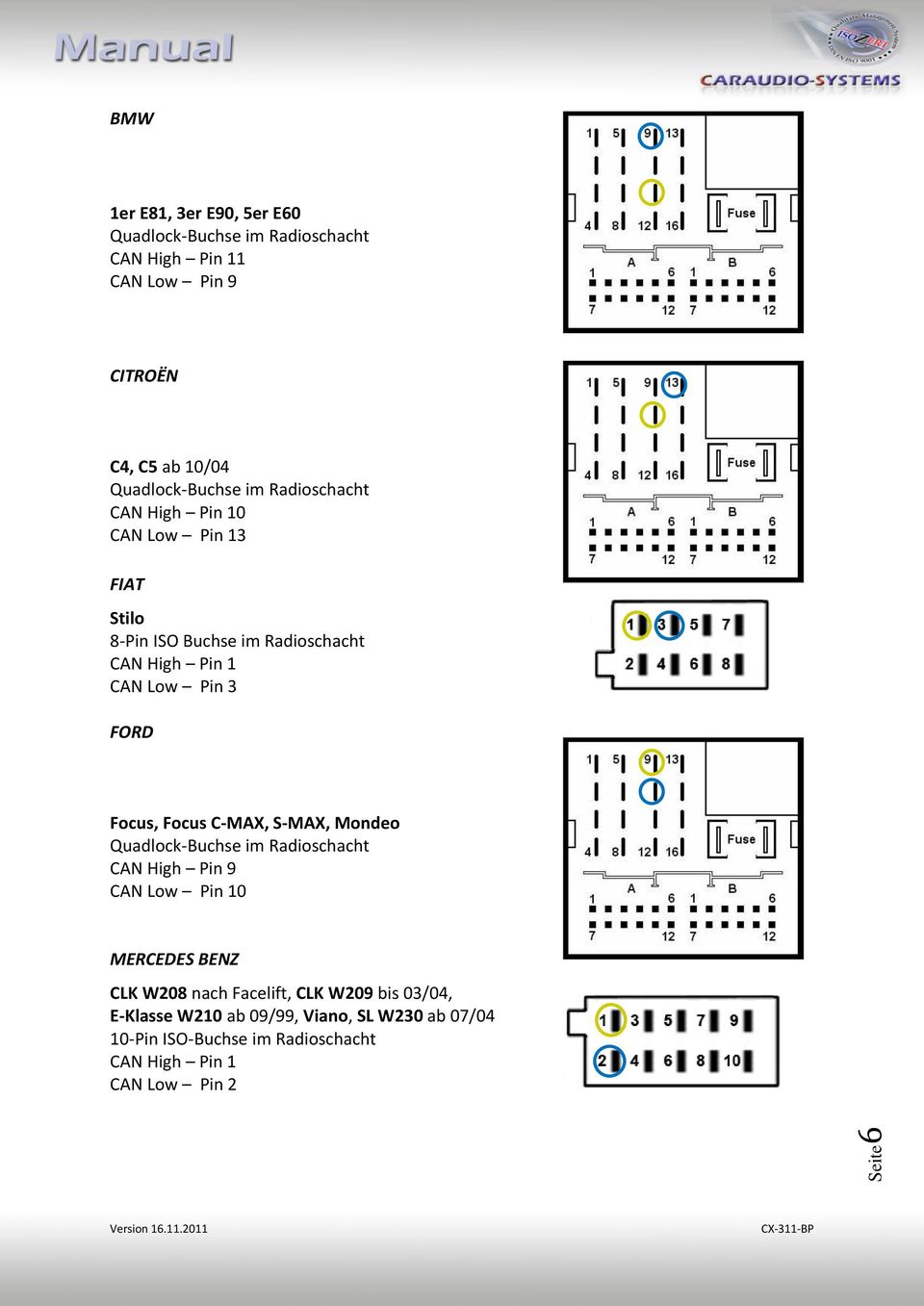 Focus C-MAX, S-MAX, Mondeo CAN High Pin 9 MERCEDES BENZ CLK W208 nach Facelift, CLK W209 bis 03/04,