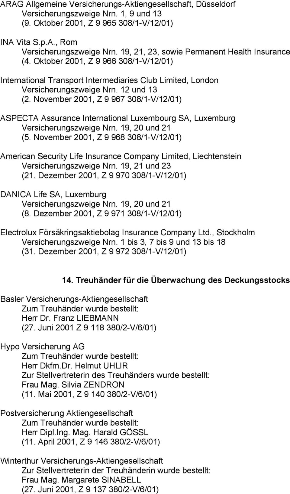 November 2001, Z 9 967 308/1-V/12/01) ASPECTA Assurance International Luxembourg SA, Luxemburg Versicherungszweige Nrn. 19, 20 und 21 (5.