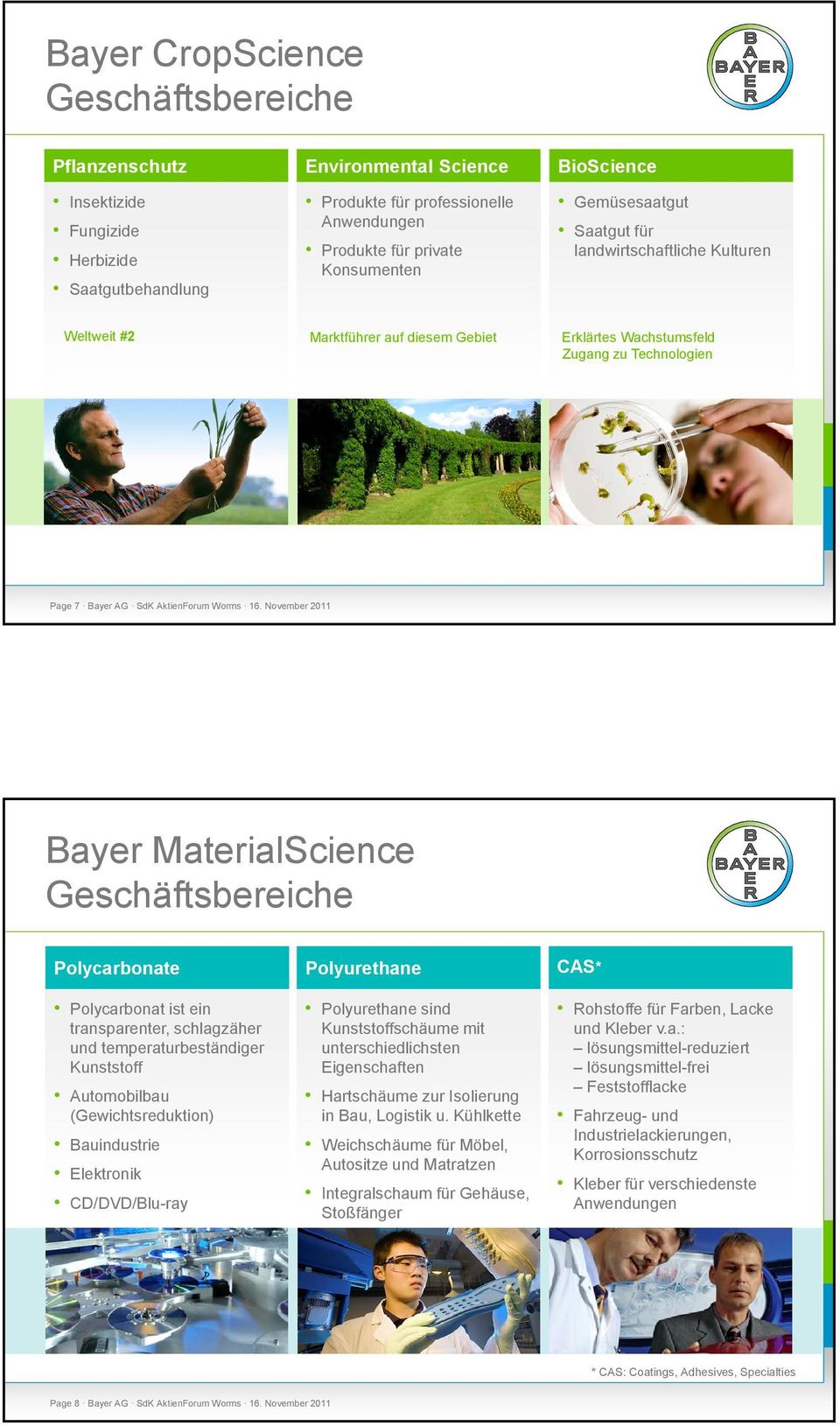 November 2011 Bayer MaterialScience Geschäftsbereiche Polycarbonate Polyurethane CAS* Polycarbonat ist ein Polyurethane sind Rohstoffe für Farben, Lacke transparenter, schlagzäher und
