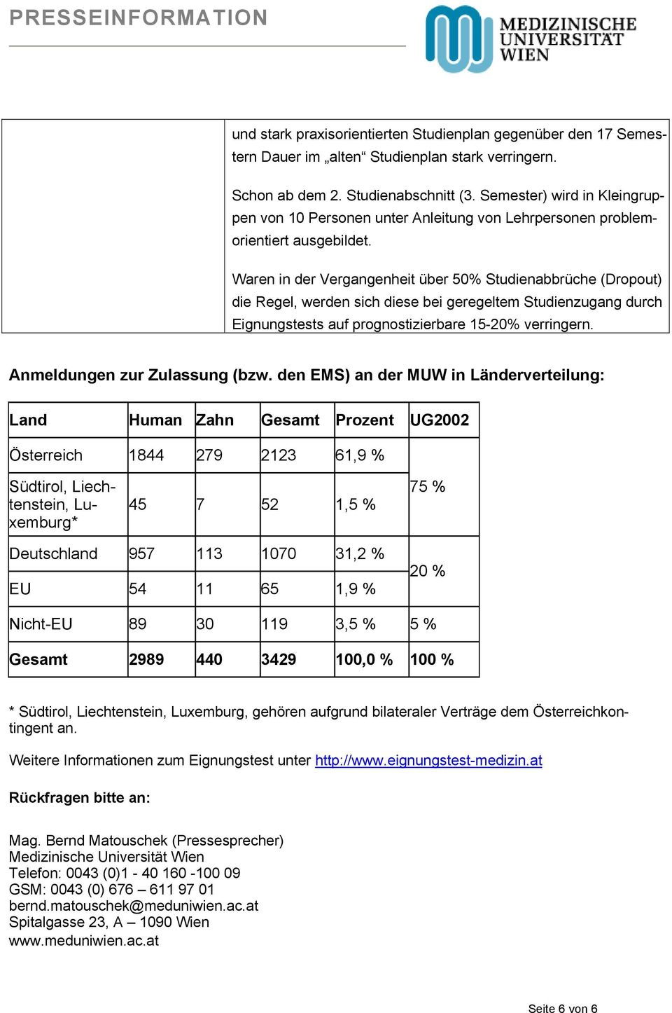 Waren in der Vergangenheit über 50% Studienabbrüche (Dropout) die Regel, werden sich diese bei geregeltem Studienzugang durch Eignungstests auf prognostizierbare 15-20% verringern.