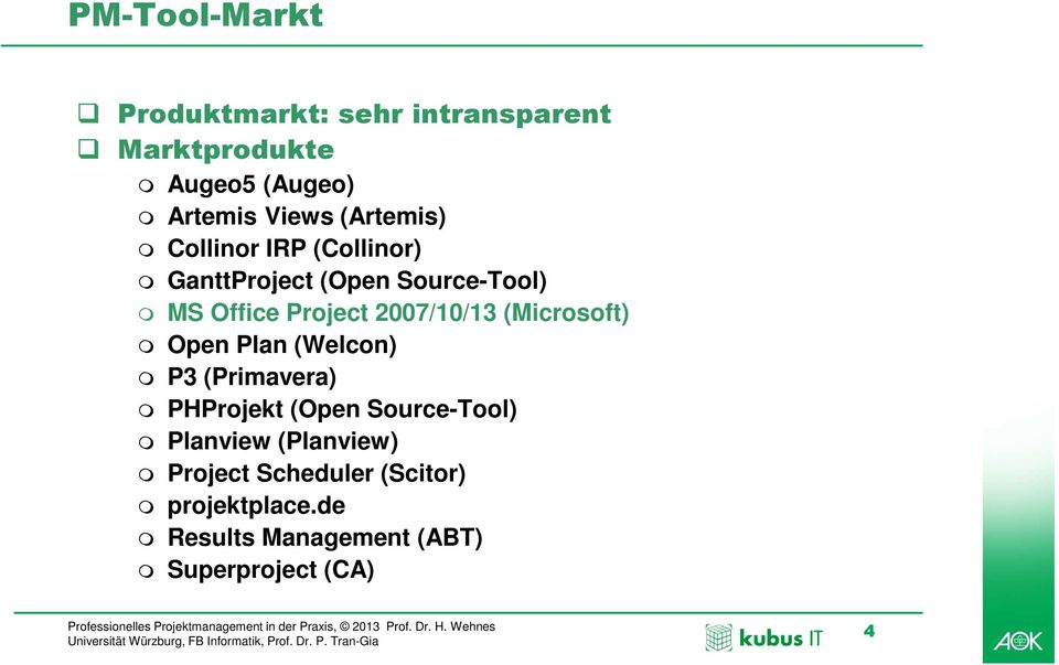 2007/10/13 (Microsoft) Open Plan (Welcon) P3 (Primavera) PHProjekt (Open Source-Tool)