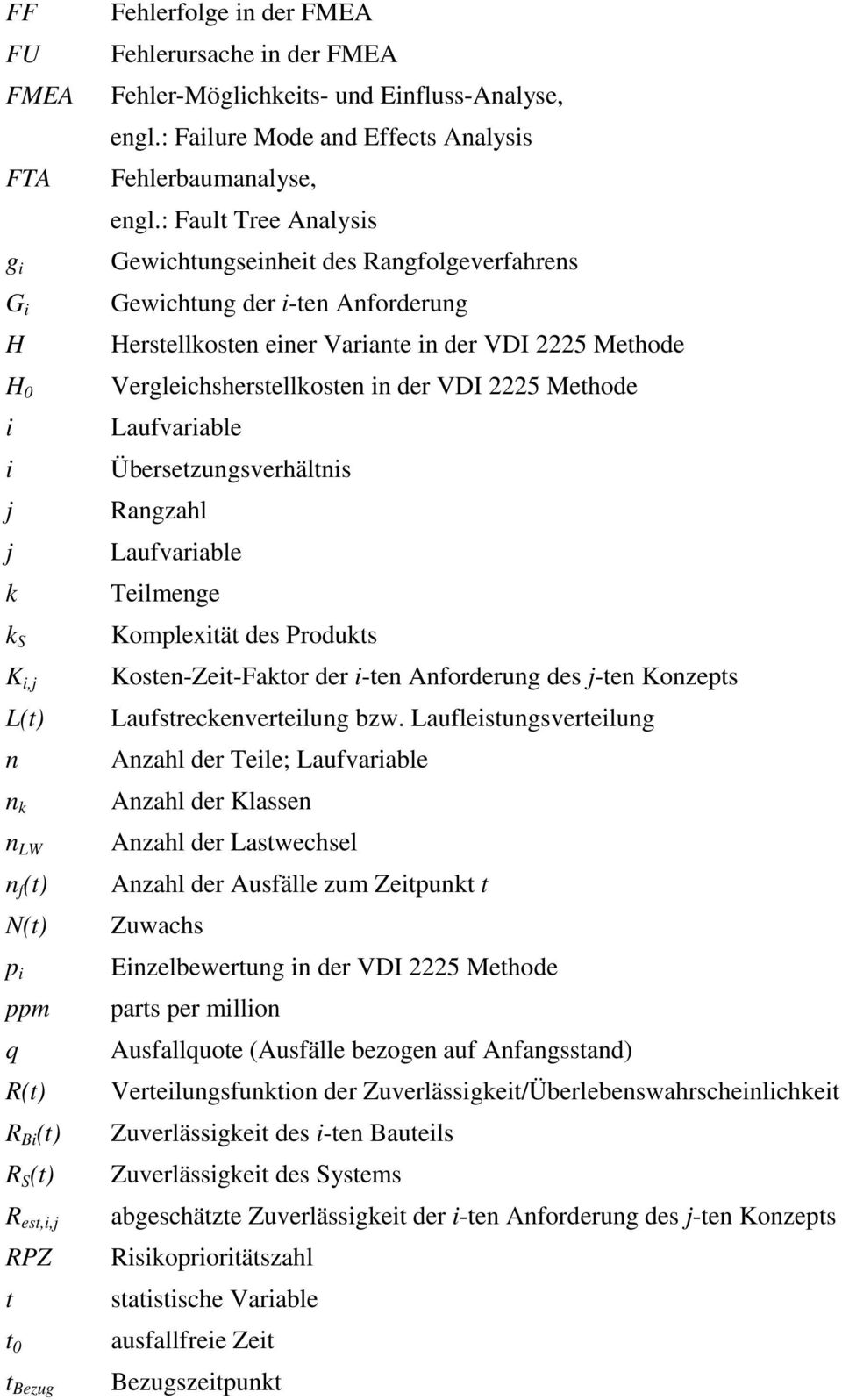 : Fault Tree Analysis Gewichtungseinheit des Rangfolgeverfahrens Gewichtung der i-ten Anforderung Herstellkosten einer Variante in der VDI 5 Methode Vergleichsherstellkosten in der VDI 5 Methode