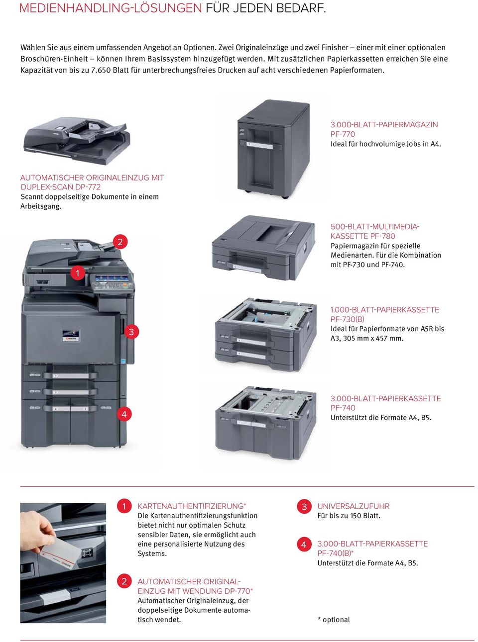 Mit zusätzlichen Papierkassetten erreichen Sie eine Kapazität von bis zu 7.650 Blatt für unterbrechungsfreies Drucken auf acht verschiedenen Papierformaten. 3.
