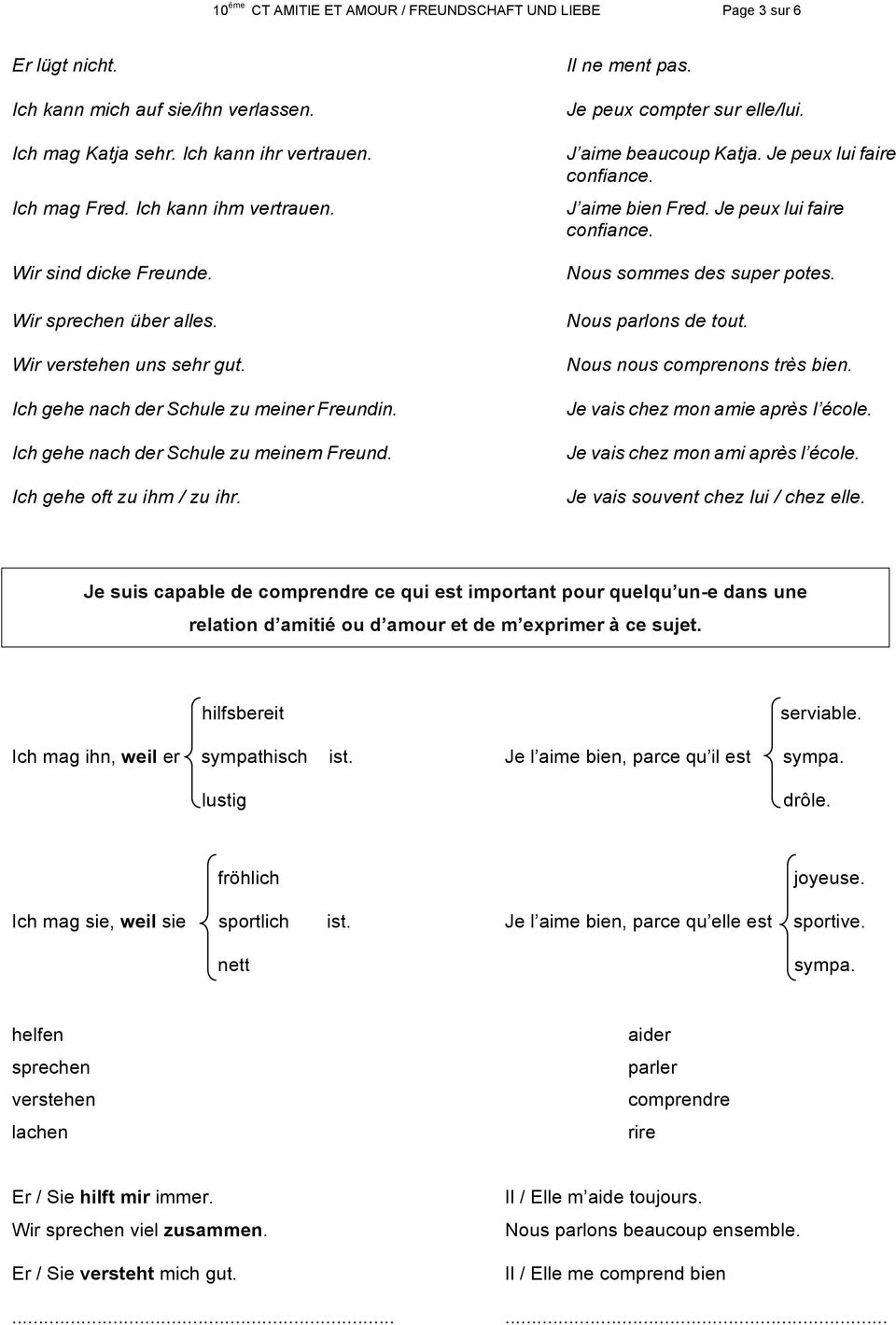 Il ne ment pas. Je peux compter sur elle/lui. J aime beaucoup Katja. Je peux lui faire confiance. J aime bien Fred. Je peux lui faire confiance. Nous sommes des super potes. Nous parlons de tout.