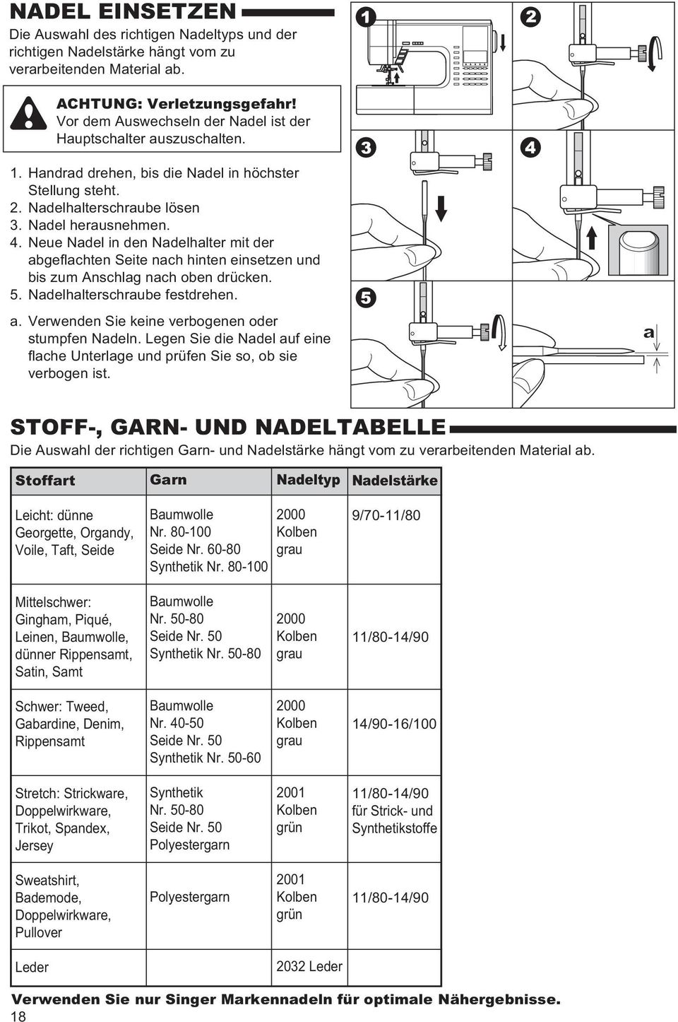 Neue Nadel in den Nadelhalter mit der abgeflachten Seite nach hinten einsetzen und bis zum Anschlag nach oben drücken. 5. Nadelhalterschraube festdrehen. a. Verwenden Sie keine verbogenen oder stumpfen Nadeln.