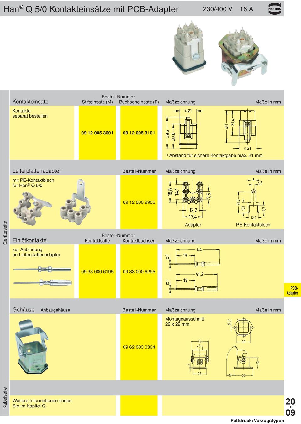 21 mm Leiterplattenadapter Maßzeichnung Maße in mm mit PE-Kontaktblech für Han Q 5/0 09 12 000 9905 Geräteseite zur Anbindung an Leiterplattenadapter
