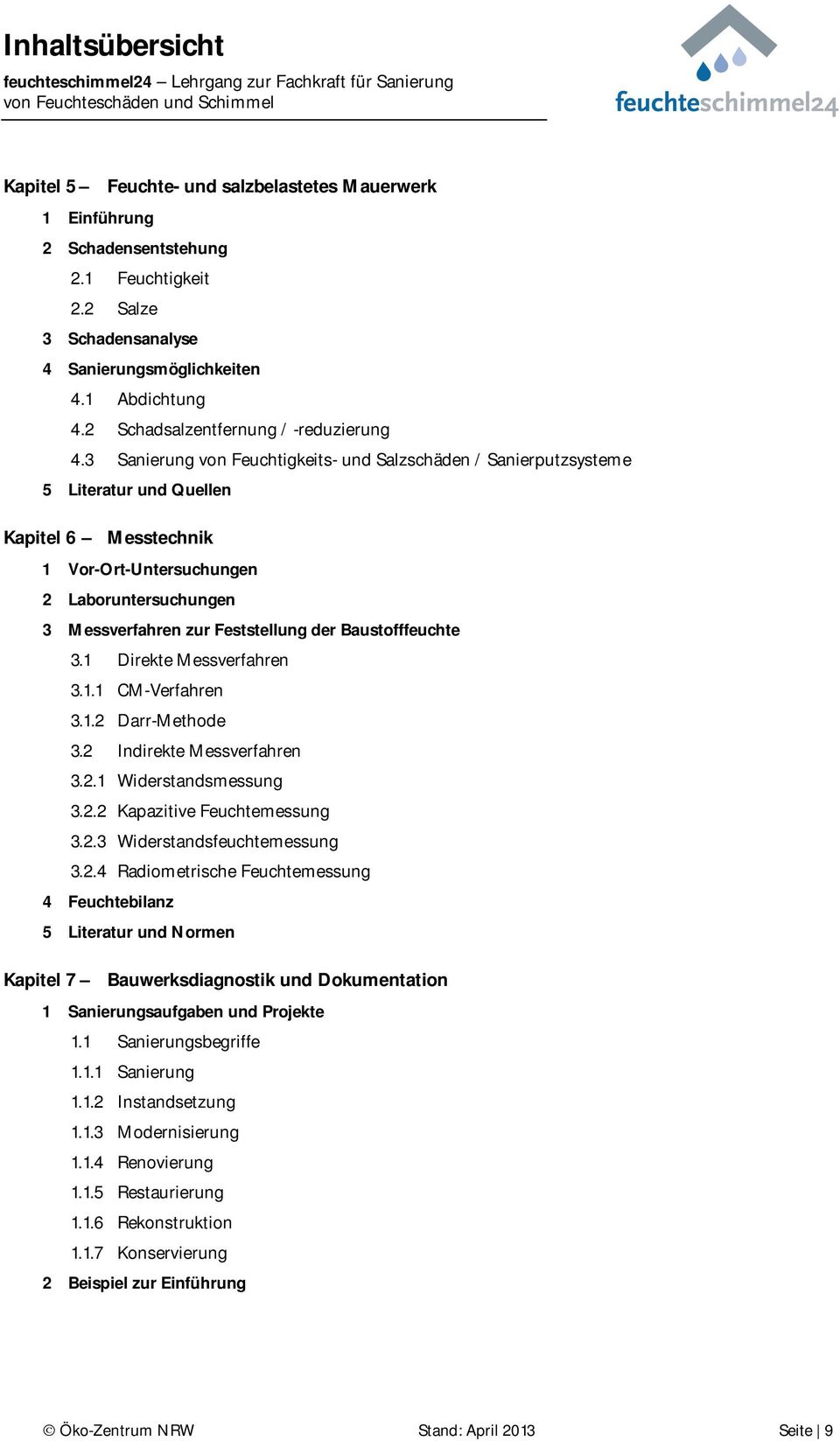 3 Sanierung von Feuchtigkeits- und Salzschäden / Sanierputzsysteme 5 Literatur und Quellen Kapitel 6 Messtechnik 1 Vor-Ort-Untersuchungen 2 Laboruntersuchungen 3 Messverfahren zur Feststellung der