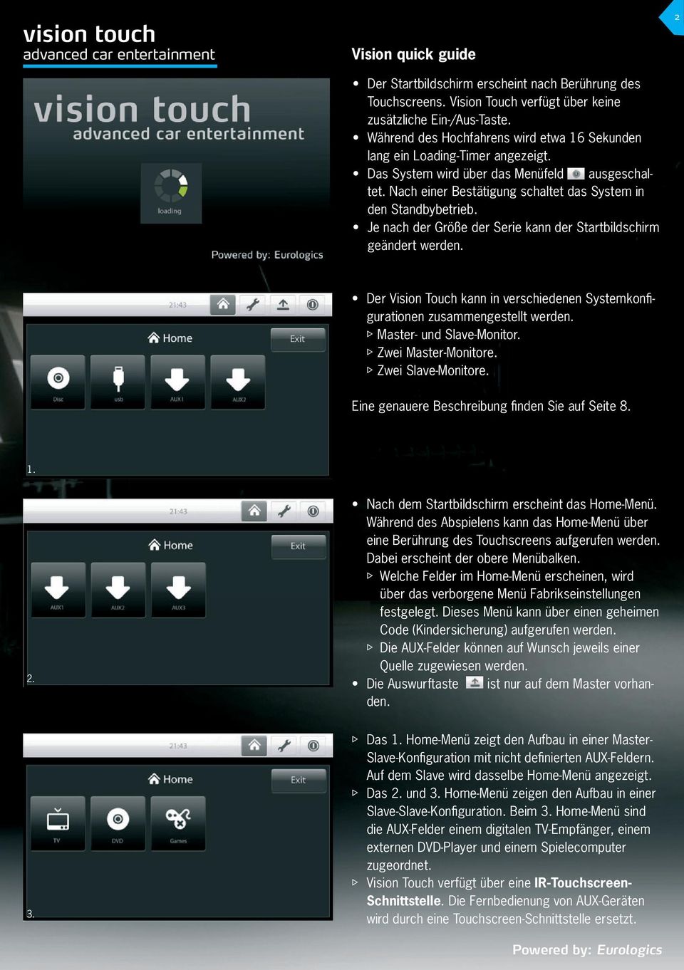 Je nach der Größe der Serie kann der Startbildschirm geändert werden. 2 Der Vision Touch kann in verschiedenen Systemkonfigurationen zusammengestellt werden. g Master- und Slave-Monitor.