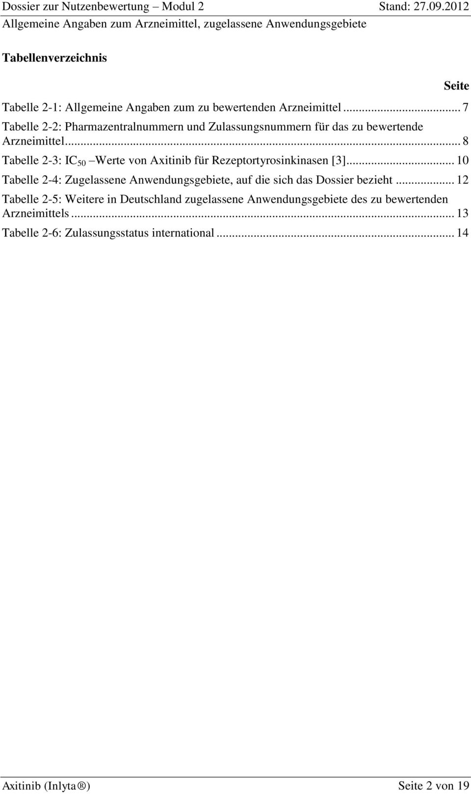 .. 8 Tabelle 2-3: IC 50 Werte von Axitinib für Rezeptortyrosinkinasen [3].