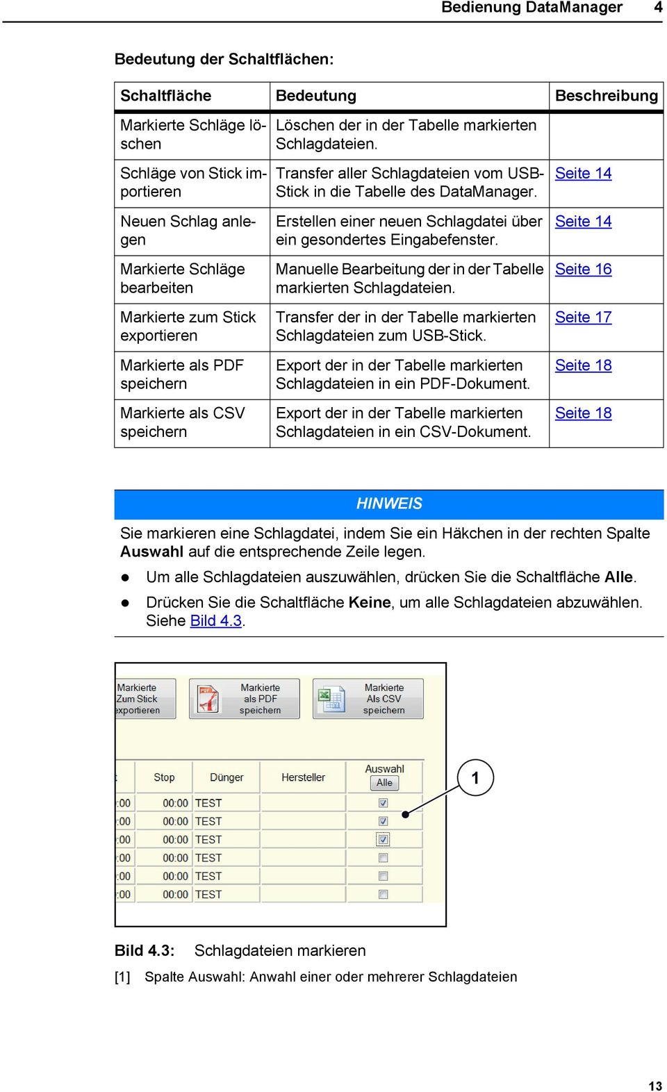 Transfer aller Schlagdateien vom USB- Stick in die Tabelle des DataManager. Erstellen einer neuen Schlagdatei über ein gesondertes Eingabefenster.