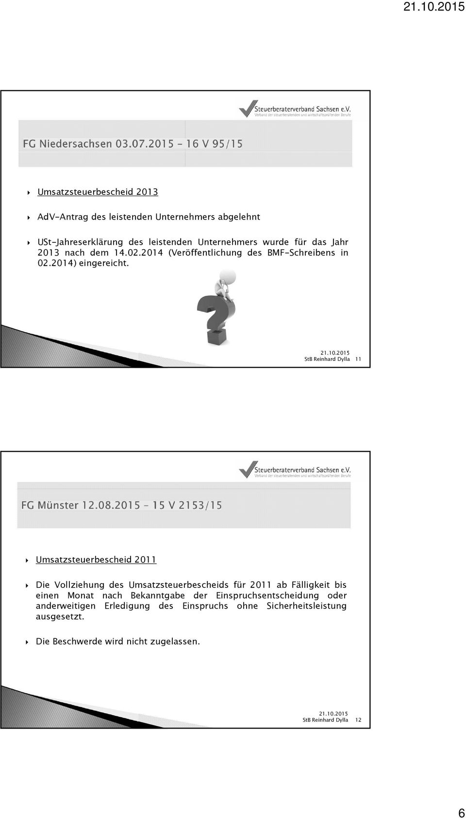 2015 StB Reinhard Dylla 11 Umsatzsteuerbescheid 2011 Die Vollziehung des Umsatzsteuerbescheids für 2011 ab Fälligkeit bis einen Monat nach