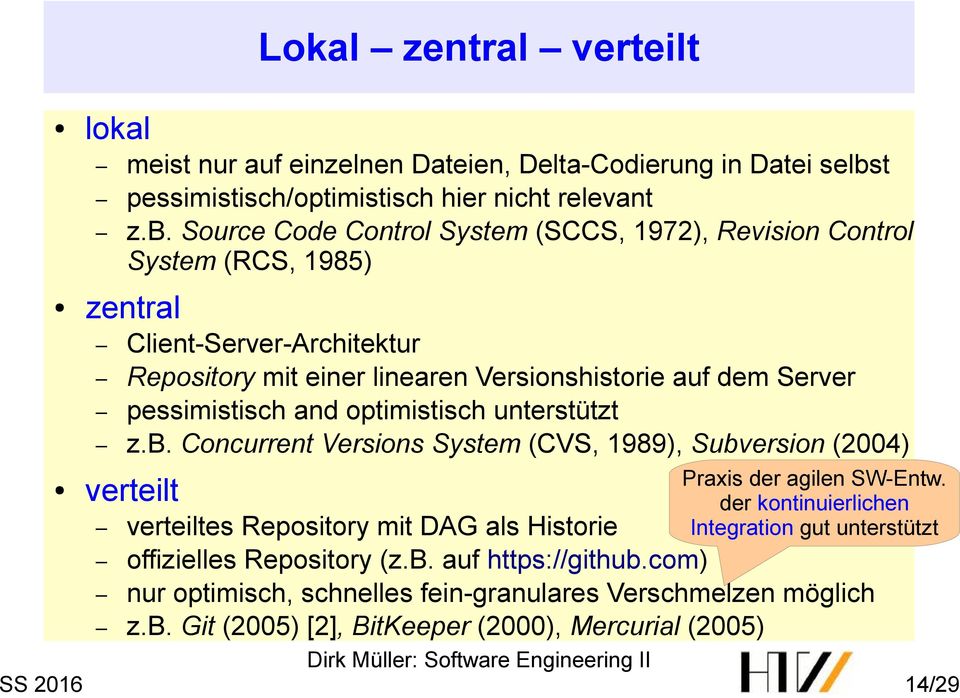 Source Code Control System (SCCS, 1972), Revision Control System (RCS, 1985) zentral Client-Server-Architektur Repository mit einer linearen Versionshistorie auf dem Server