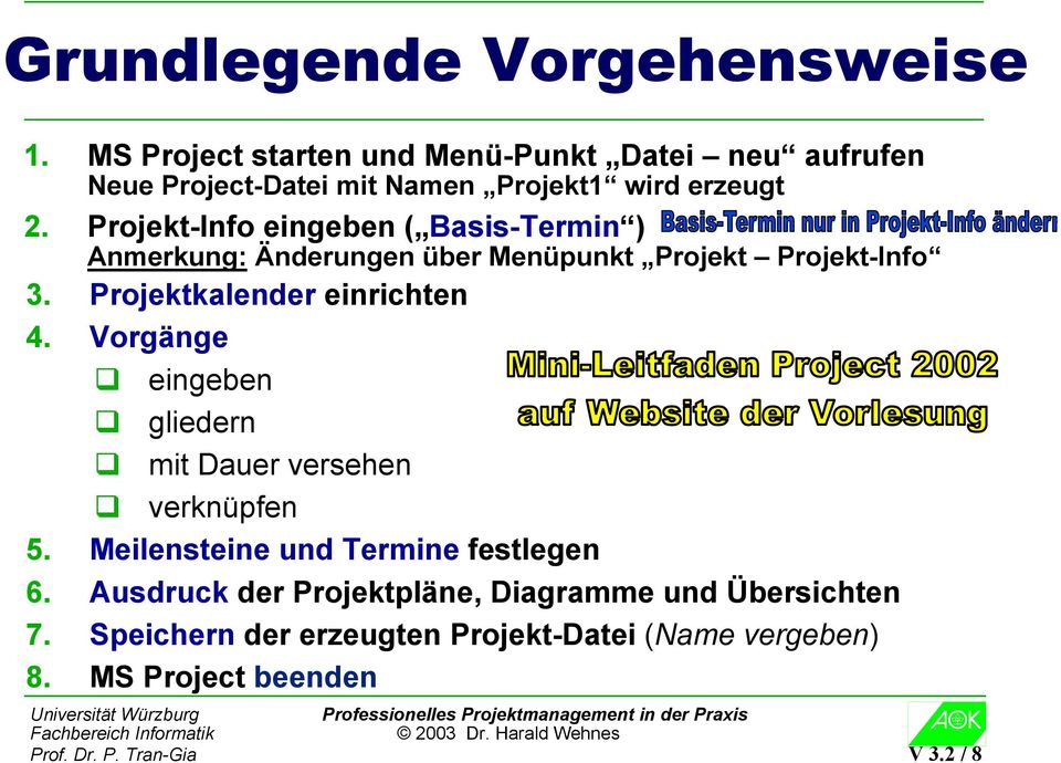 Projekt-Info eingeben ( Basis-Termin ) Anmerkung: Änderungen über Menüpunkt Projekt Projekt-Info 3. Projektkalender einrichten 4.