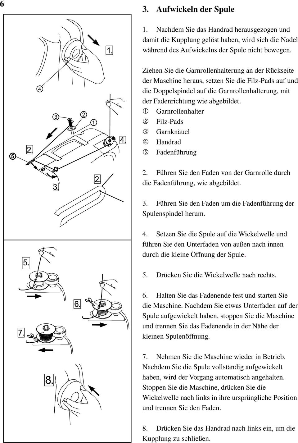 Garnrollenhalter Filz-Pads Garnknäuel Handrad Fadenführung 2. Führen Sie den Faden von der Garnrolle durch die Fadenführung, wie abgebildet. 3.